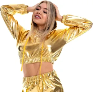 OBEEII Womens Shiny Metallic Crop Top Hoodies Drawstring Long Sleeve Wet Look Pullover Holographic Sweatshirts Club Wear