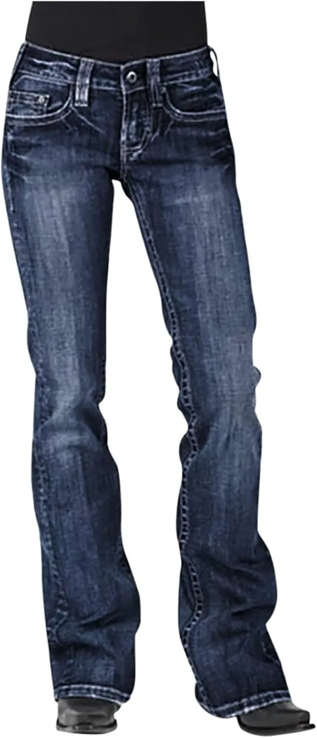 Orders Placed by Me Women's Jeans 90s Vintage Bootcut Jeans High Stretch Mid Rise Straight Leg Trendy Jeans Boot Cut Pull On Denim Pants Dark Blue