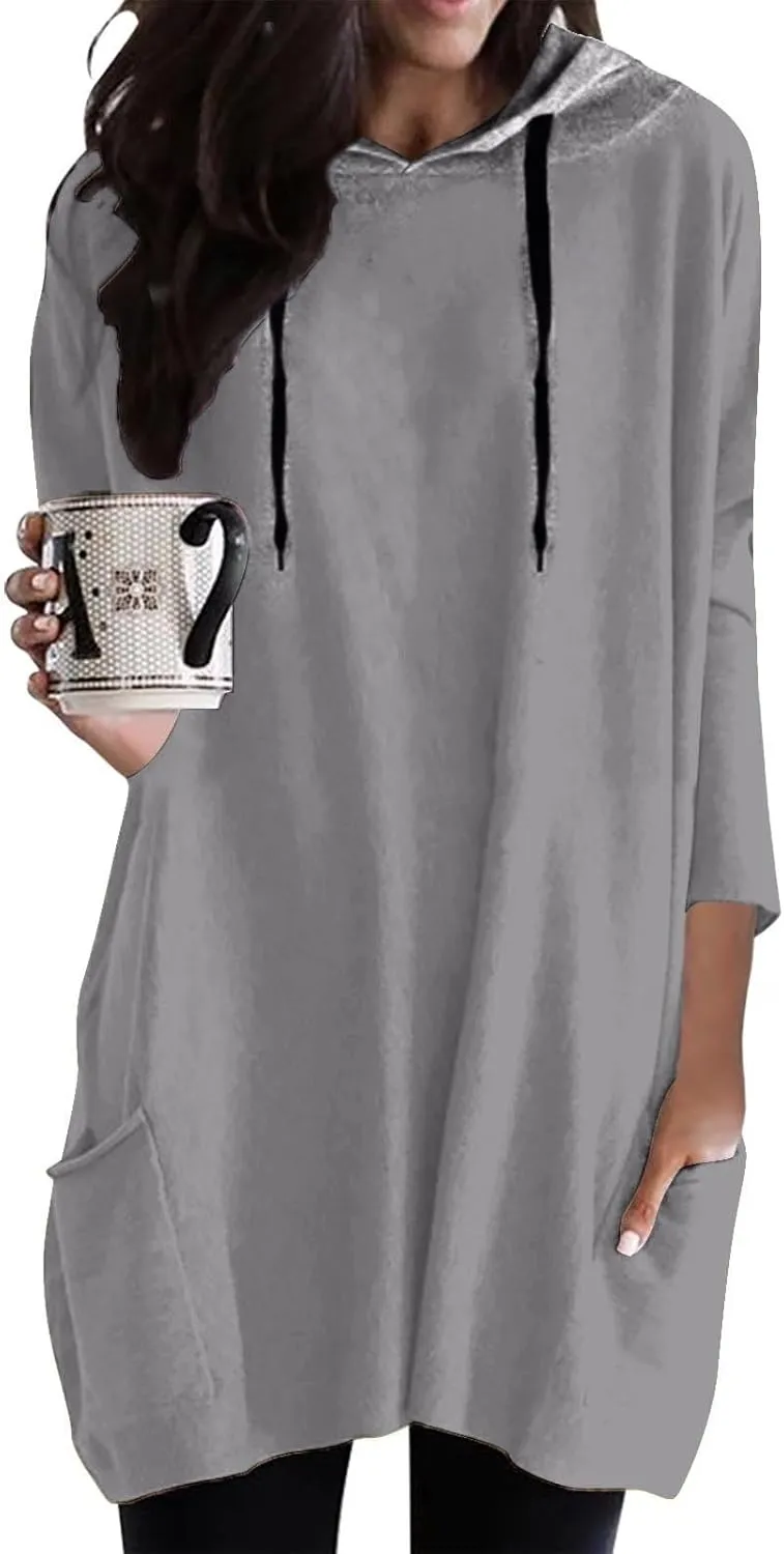 Oversized Hoodie Dress for Women Casual Drawstring Long Sweatshirt with Pocket Hooded Mini Sweatshirt Dress