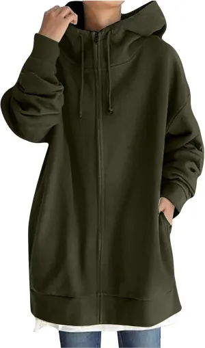 Oversized Zip Up Hoodies for Women Plus Size Long Sleeve Hooded Sweatshirt Casual Fall Long Fleece Jacket with Pockets