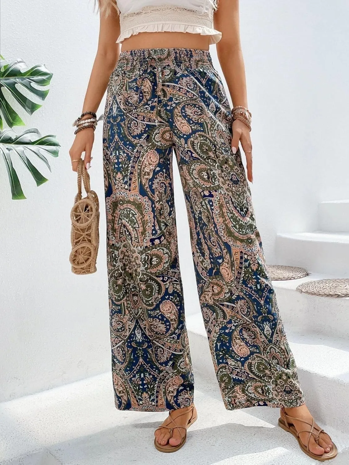 Paisley Flowy Flared Pants for Women Floral Print Pleated Elastic Waist Wide Leg Lounge Pants