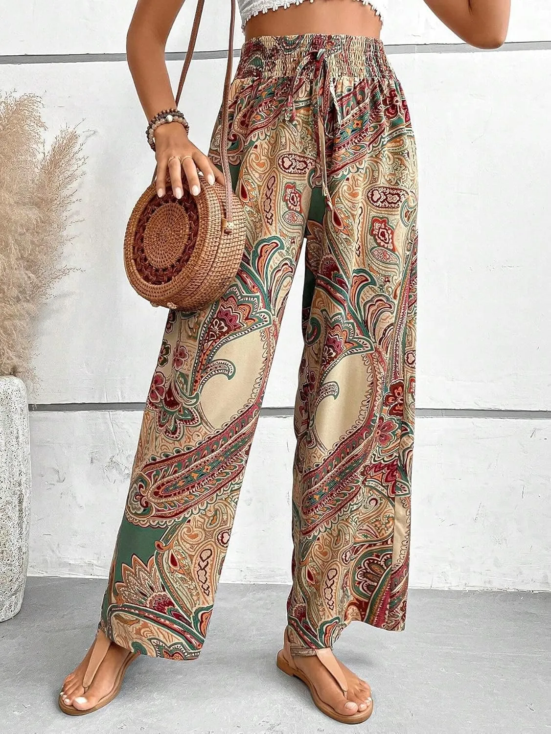 Paisley Flowy Flared Pants for Women Floral Print Pleated Elastic Waist Wide Leg Lounge Pants