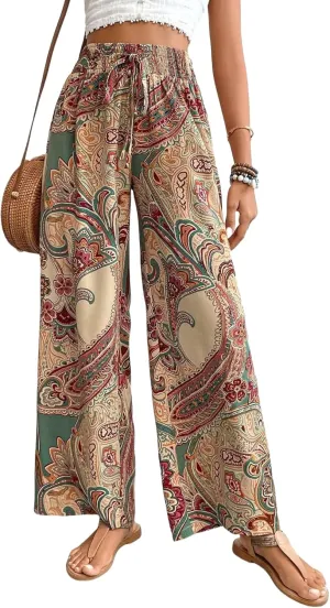 Paisley Flowy Flared Pants for Women Floral Print Pleated Elastic Waist Wide Leg Lounge Pants