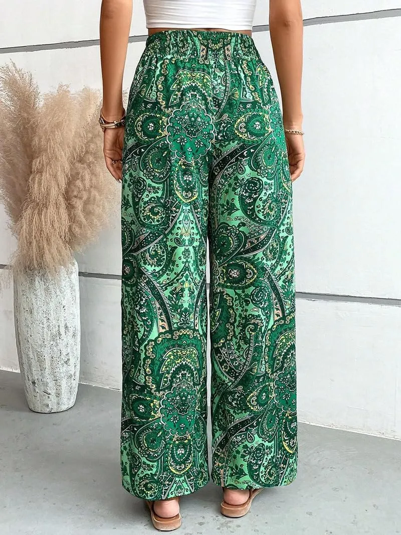 Paisley Flowy Flared Pants for Women Floral Print Pleated Elastic Waist Wide Leg Lounge Pants