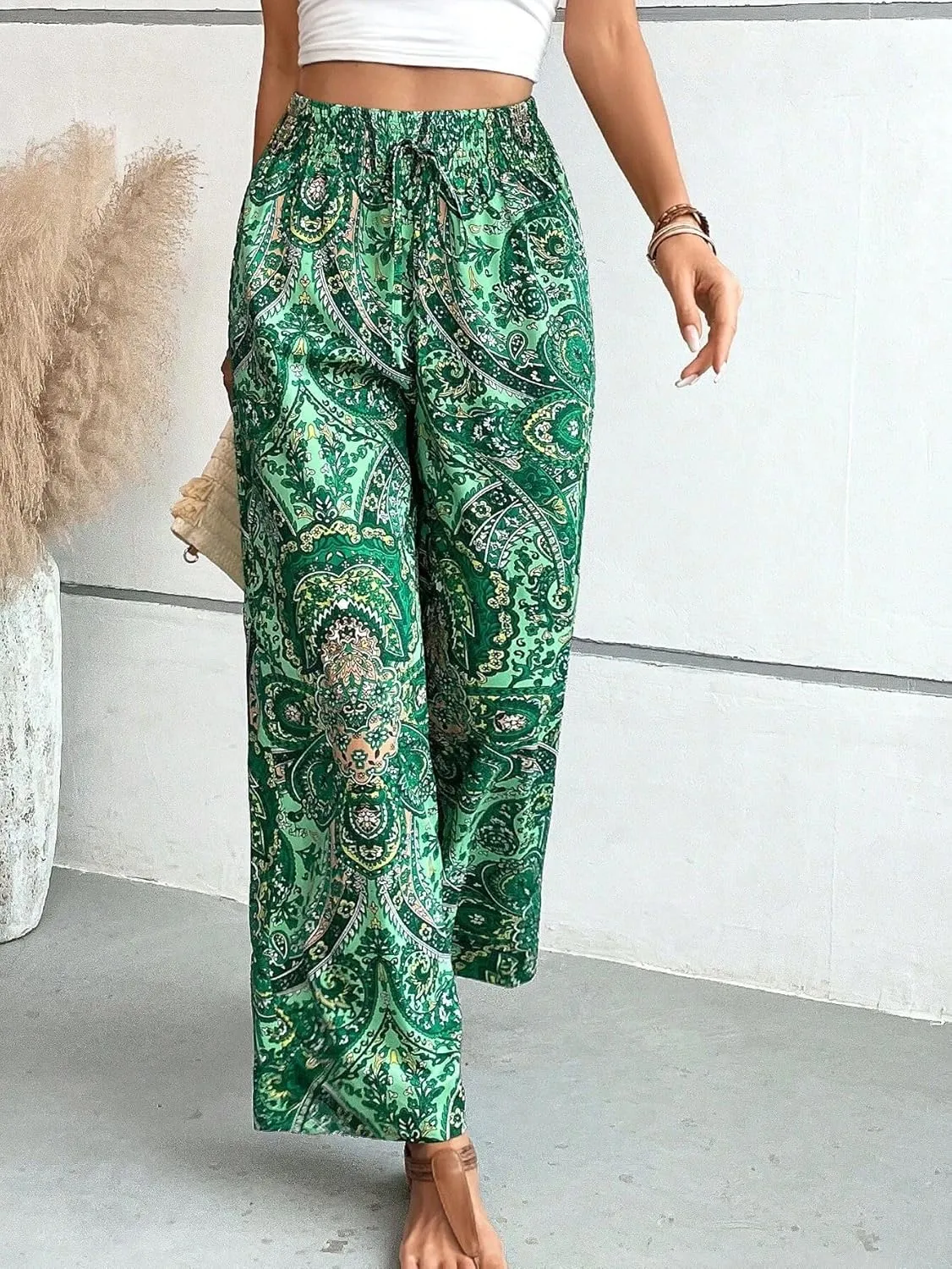 Paisley Flowy Flared Pants for Women Floral Print Pleated Elastic Waist Wide Leg Lounge Pants