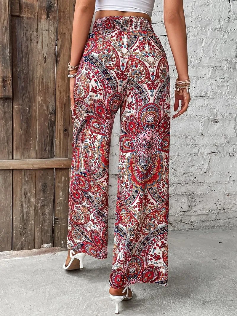 Paisley Flowy Flared Pants for Women Floral Print Pleated Elastic Waist Wide Leg Lounge Pants