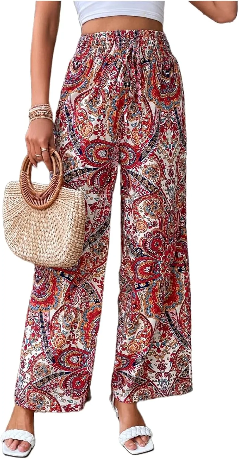 Paisley Flowy Flared Pants for Women Floral Print Pleated Elastic Waist Wide Leg Lounge Pants