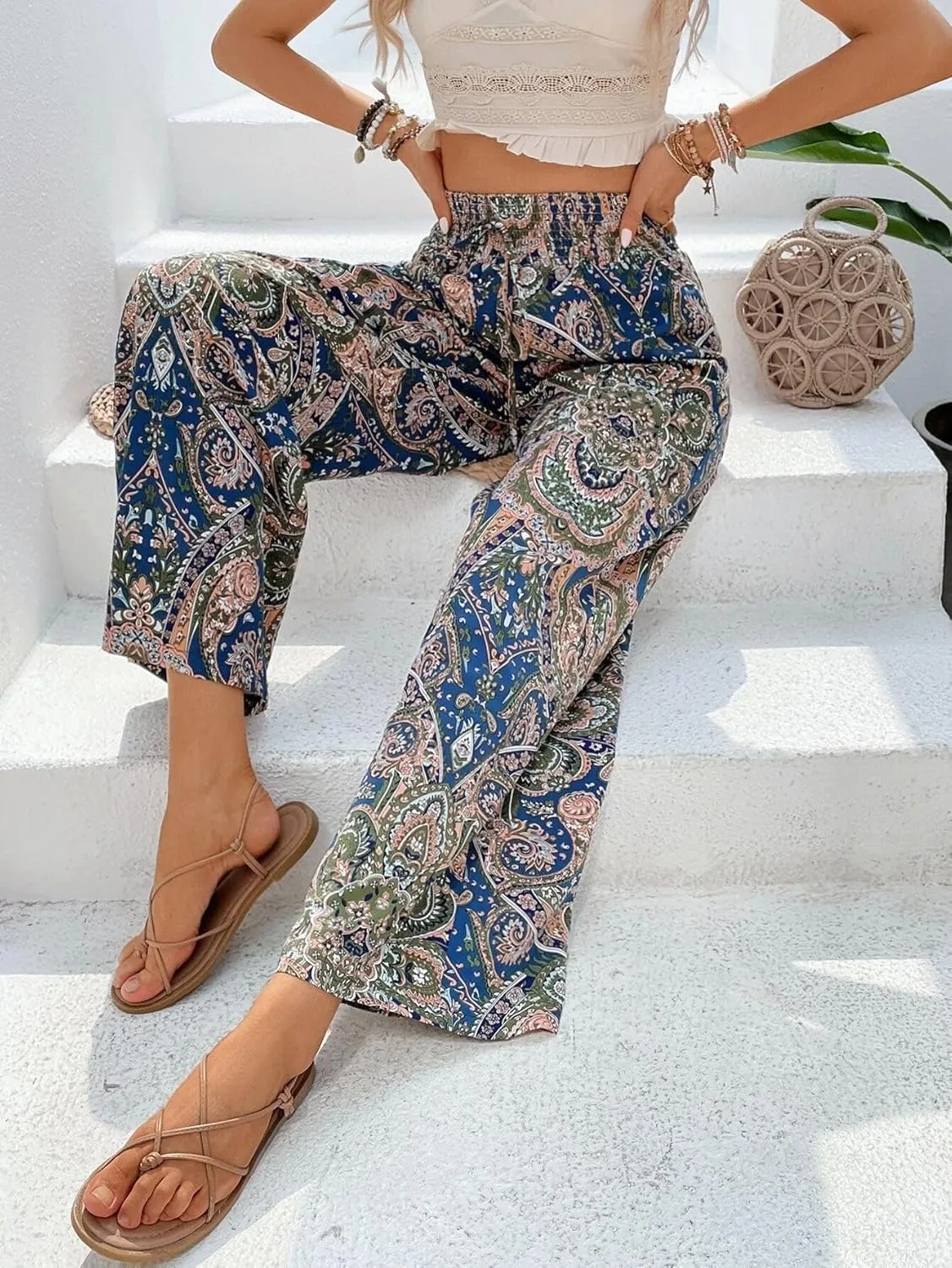 Paisley Flowy Flared Pants for Women Floral Print Pleated Elastic Waist Wide Leg Lounge Pants