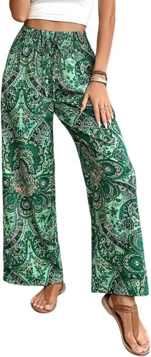 Paisley Flowy Flared Pants for Women Floral Print Pleated Elastic Waist Wide Leg Lounge Pants