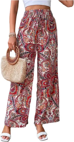 Paisley Flowy Flared Pants for Women Floral Print Pleated Elastic Waist Wide Leg Lounge Pants