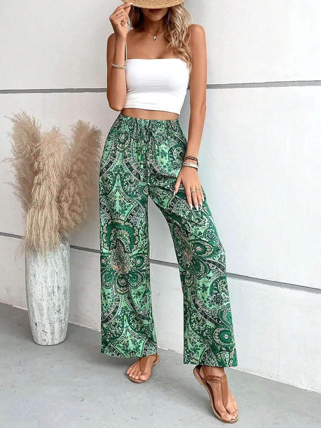Paisley Flowy Flared Pants for Women Floral Print Pleated Elastic Waist Wide Leg Lounge Pants