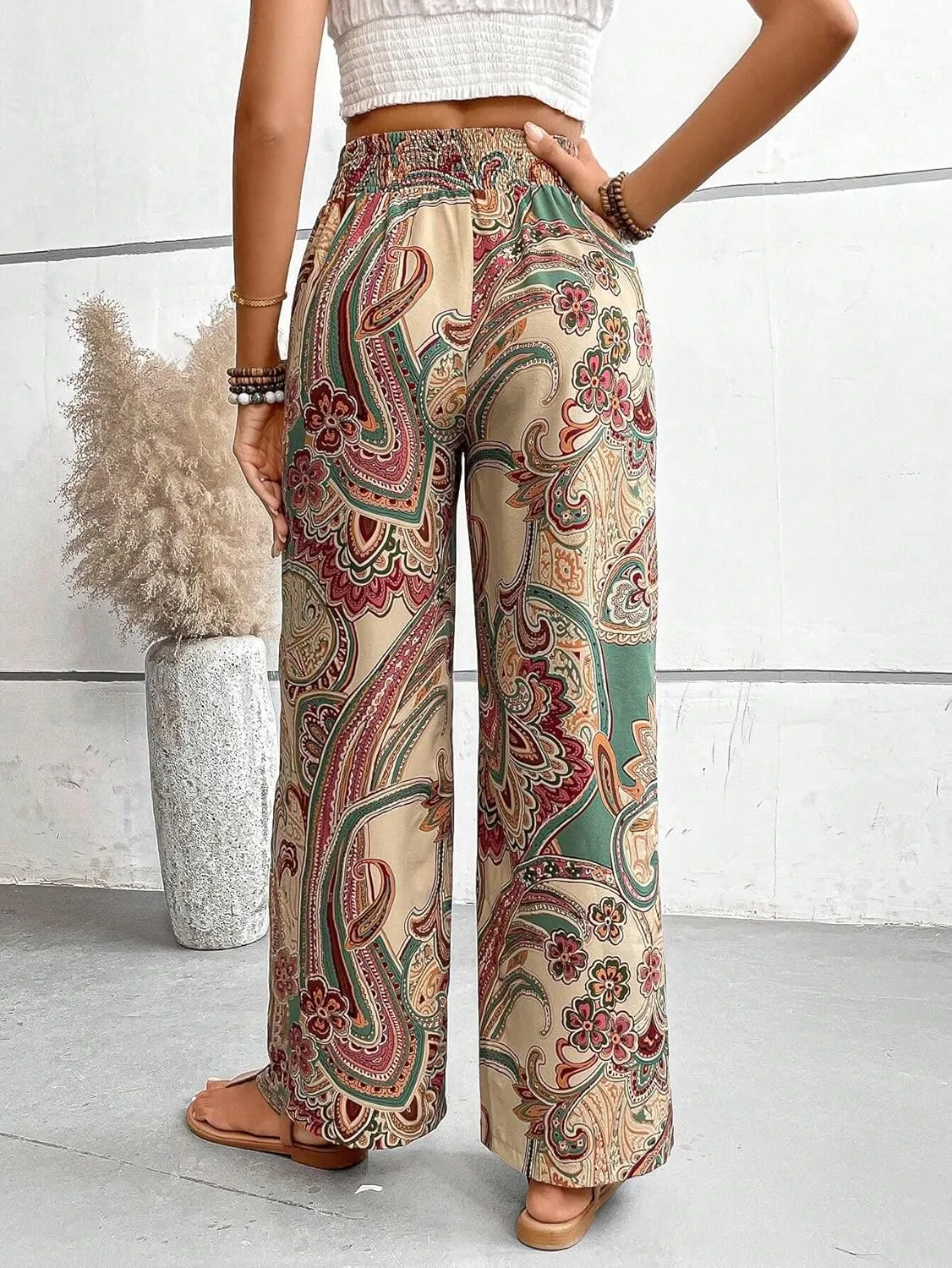 Paisley Flowy Flared Pants for Women Floral Print Pleated Elastic Waist Wide Leg Lounge Pants