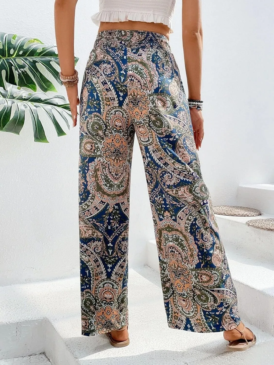Paisley Flowy Flared Pants for Women Floral Print Pleated Elastic Waist Wide Leg Lounge Pants