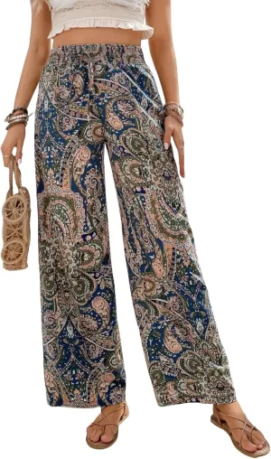 Paisley Flowy Flared Pants for Women Floral Print Pleated Elastic Waist Wide Leg Lounge Pants