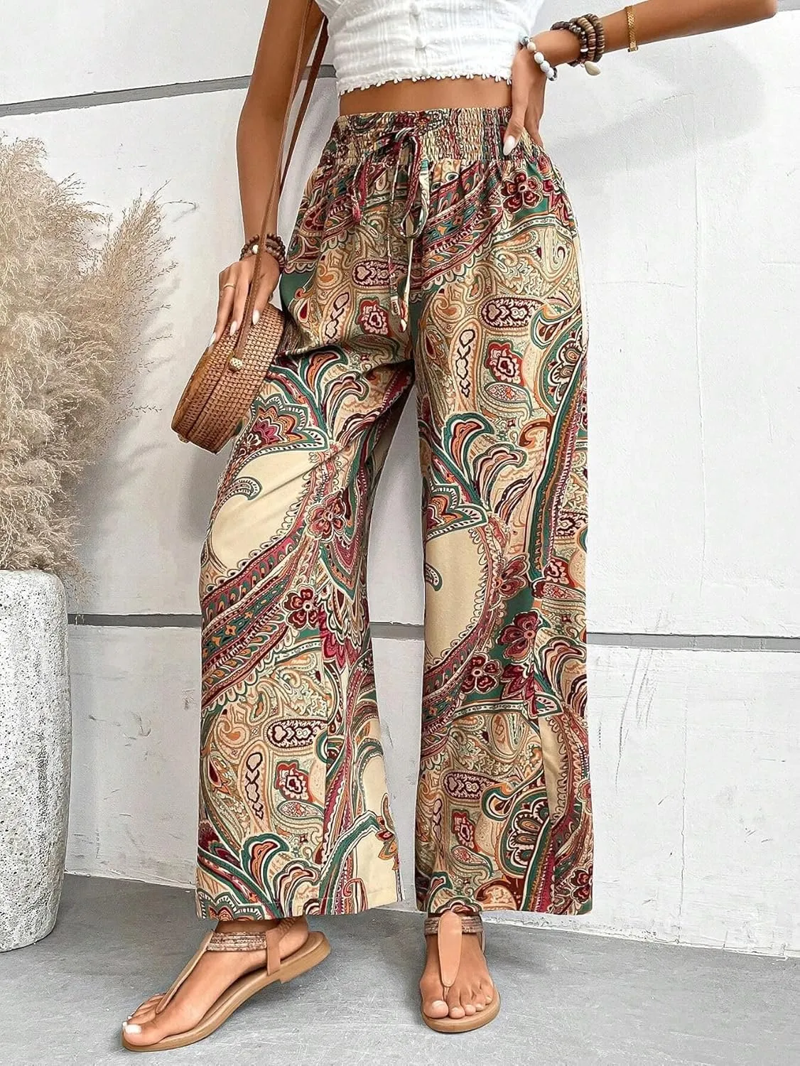 Paisley Flowy Flared Pants for Women Floral Print Pleated Elastic Waist Wide Leg Lounge Pants