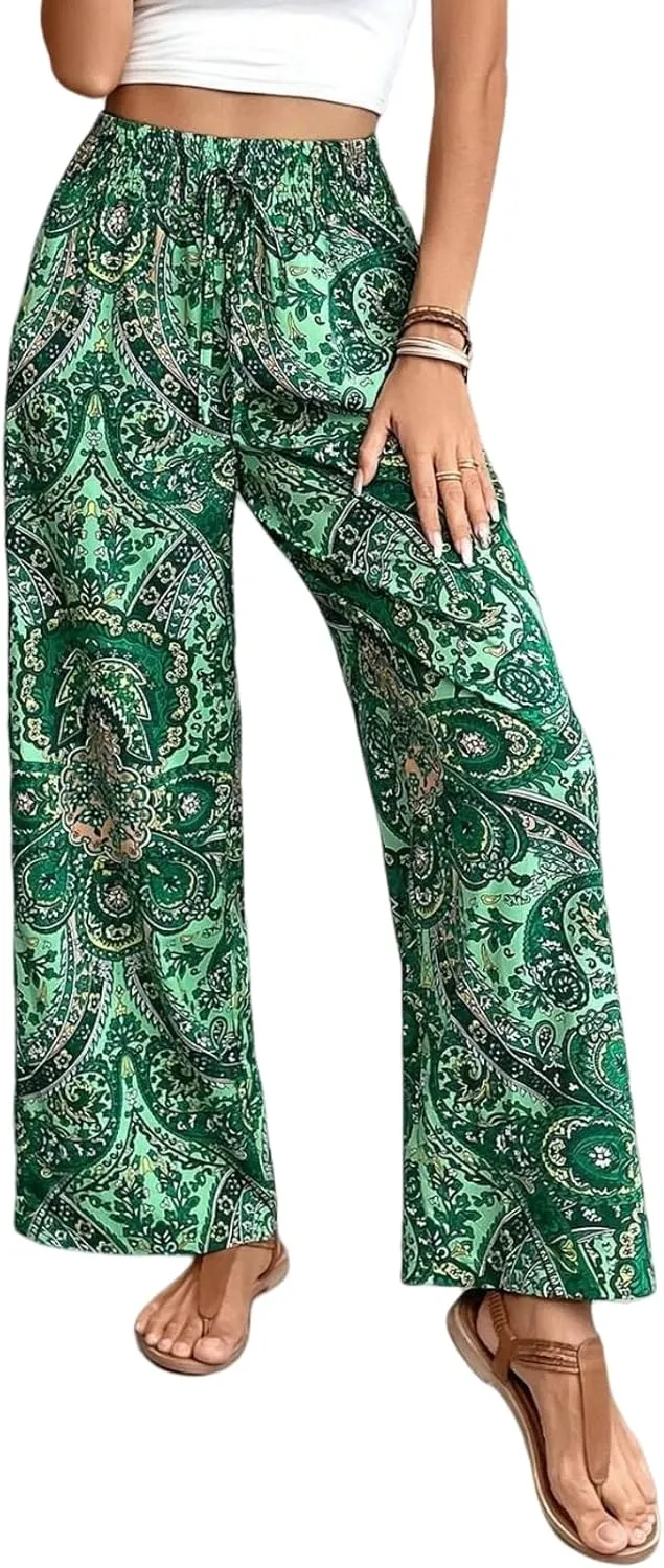 Paisley Flowy Flared Pants for Women Floral Print Pleated Elastic Waist Wide Leg Lounge Pants