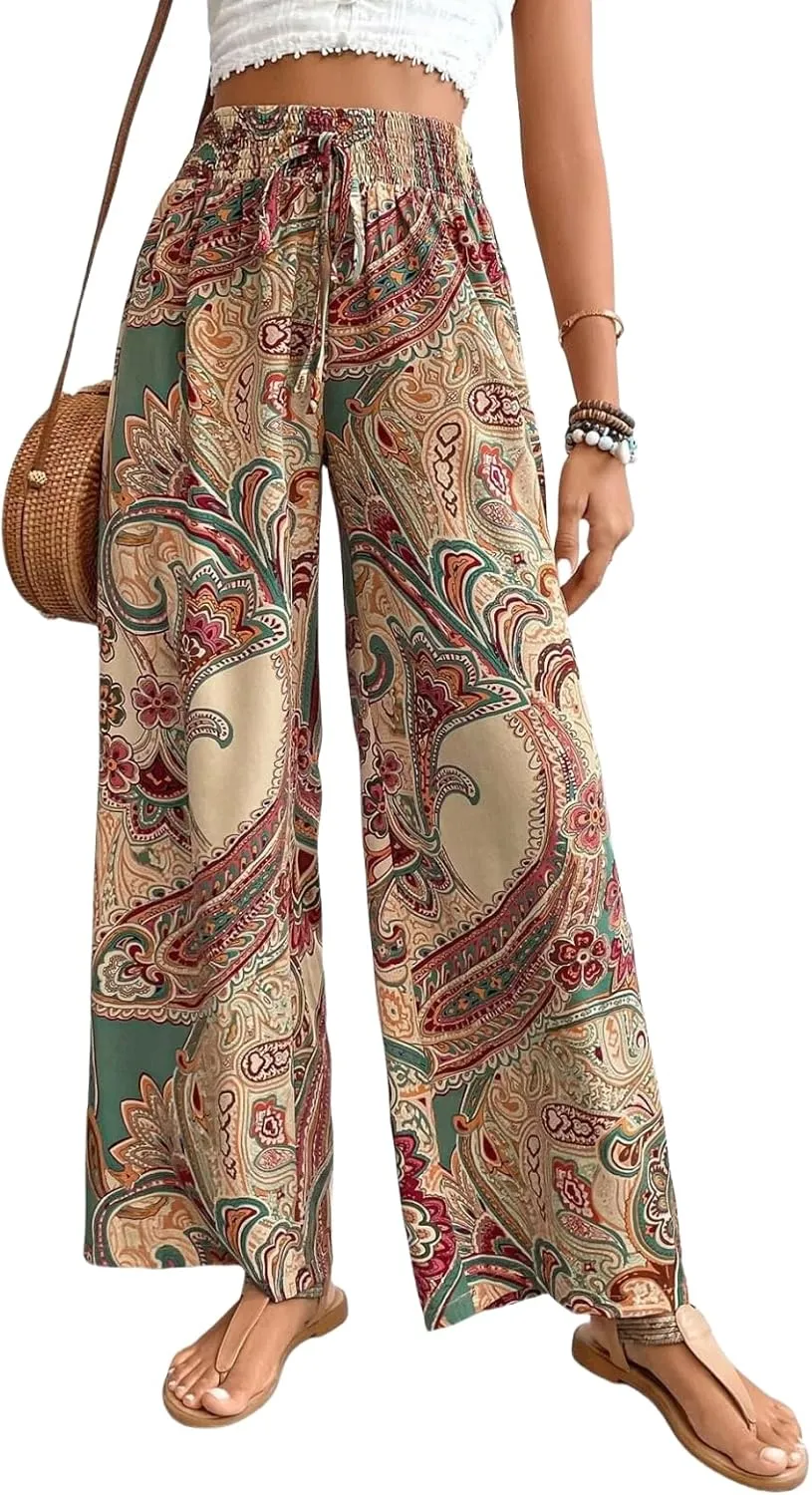 Paisley Flowy Flared Pants for Women Floral Print Pleated Elastic Waist Wide Leg Lounge Pants