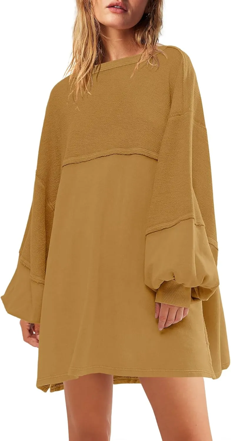 Panadila Womens Oversized Long Sleeve Patchwork Sweatshirt Dress Crewneck Tunic Sweatshirts Fall Loose Pullover Top