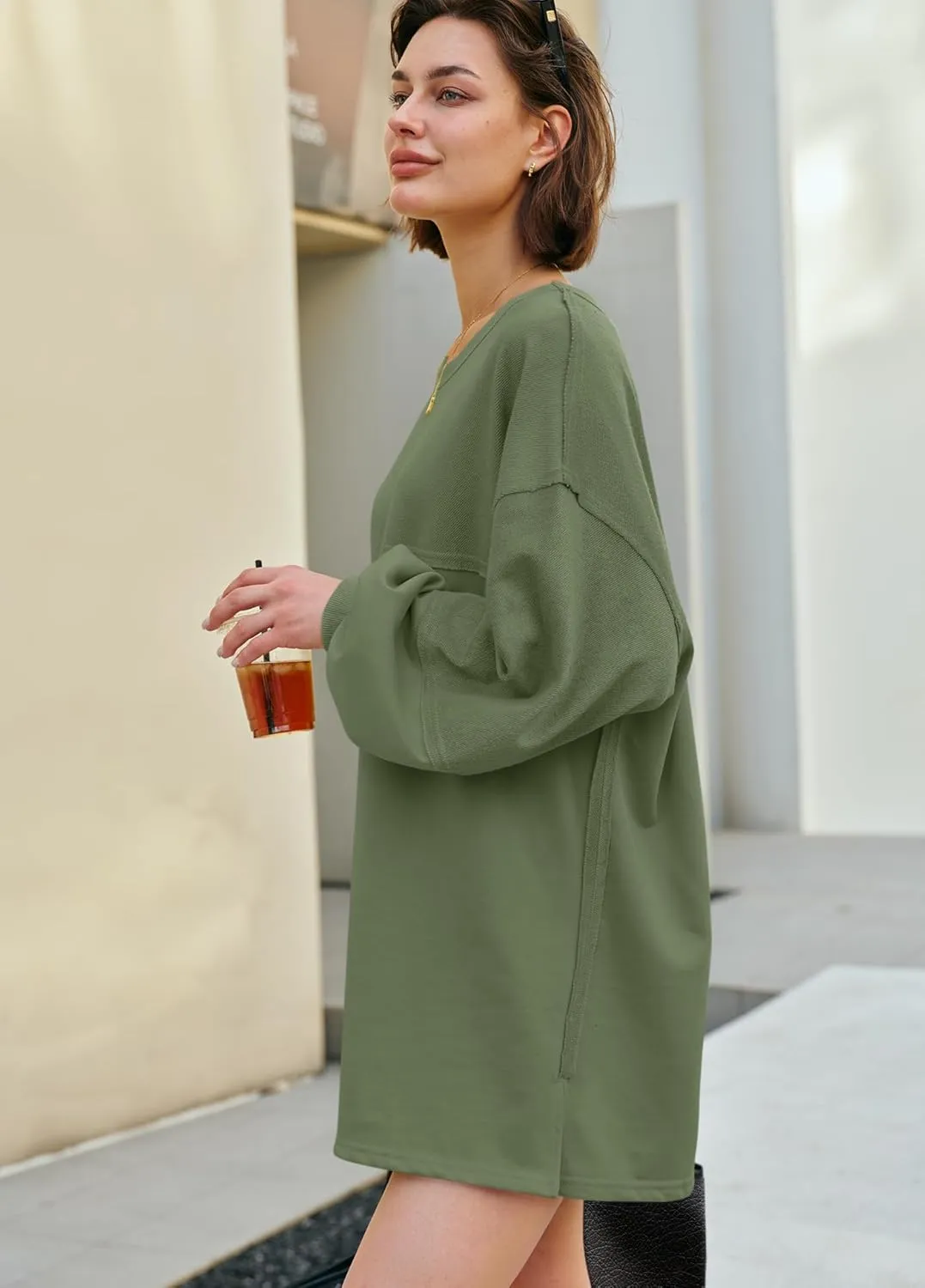 Panadila Womens Oversized Long Sleeve Patchwork Sweatshirt Dress Crewneck Tunic Sweatshirts Fall Loose Pullover Top