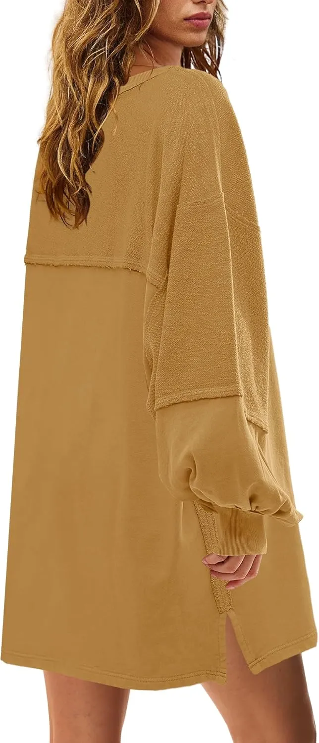 Panadila Womens Oversized Long Sleeve Patchwork Sweatshirt Dress Crewneck Tunic Sweatshirts Fall Loose Pullover Top