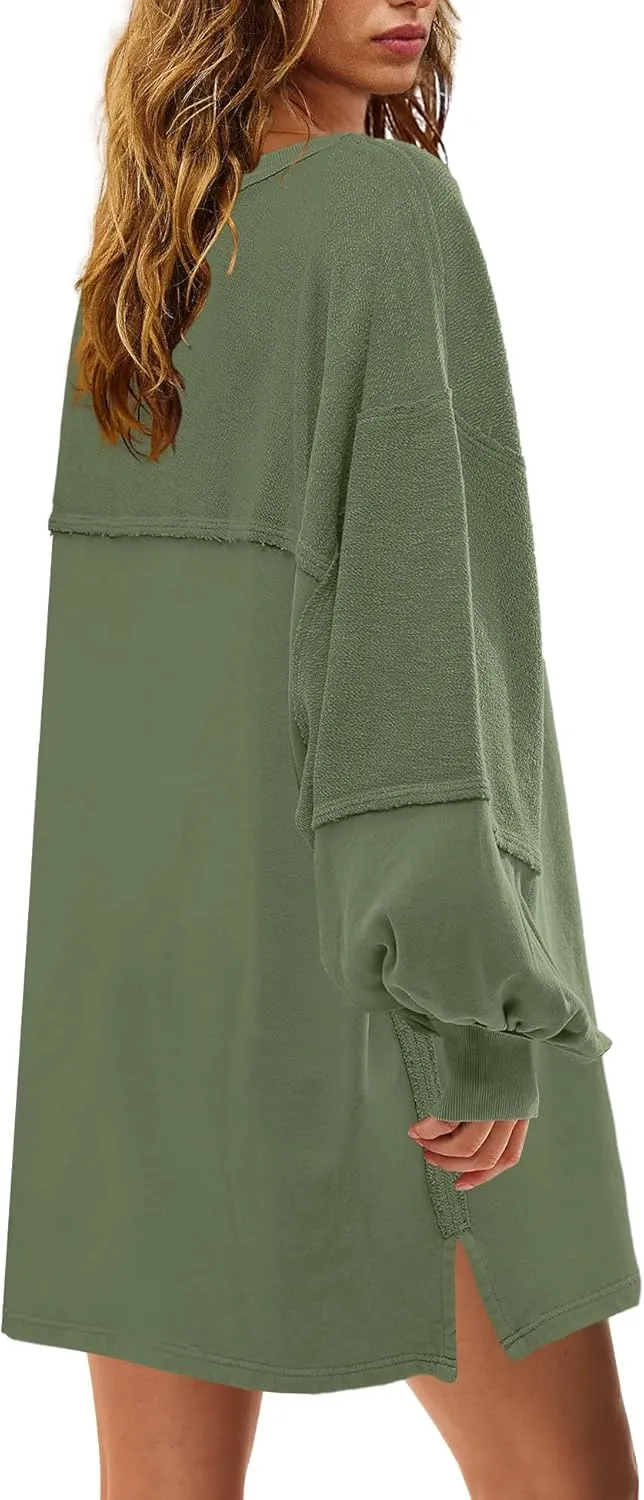 Panadila Womens Oversized Long Sleeve Patchwork Sweatshirt Dress Crewneck Tunic Sweatshirts Fall Loose Pullover Top