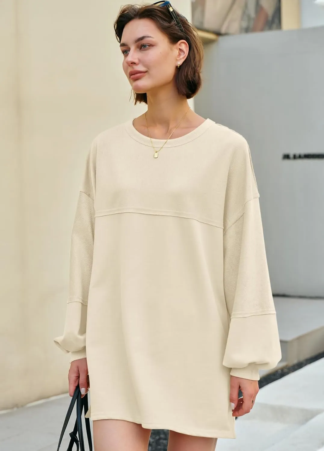 Panadila Womens Oversized Long Sleeve Patchwork Sweatshirt Dress Crewneck Tunic Sweatshirts Fall Loose Pullover Top