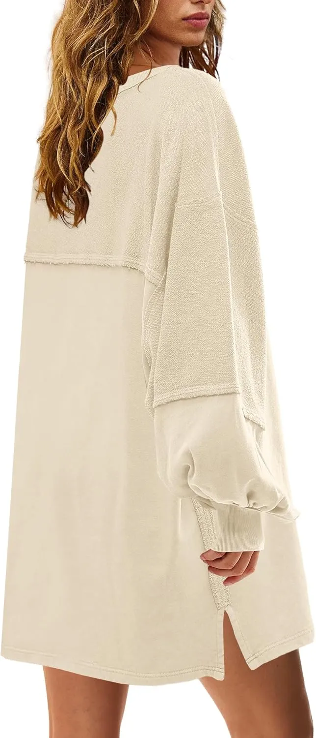 Panadila Womens Oversized Long Sleeve Patchwork Sweatshirt Dress Crewneck Tunic Sweatshirts Fall Loose Pullover Top