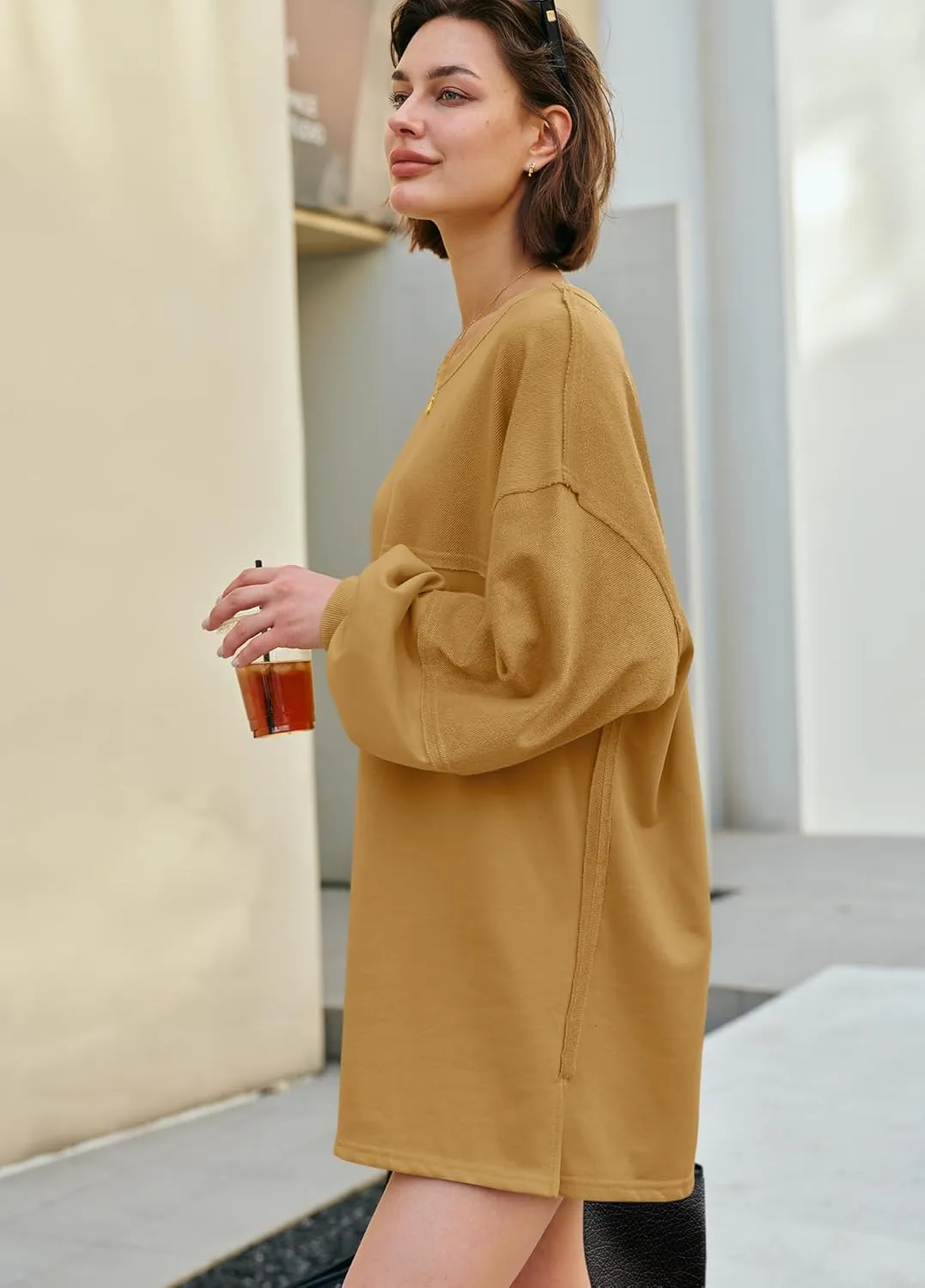 Panadila Womens Oversized Long Sleeve Patchwork Sweatshirt Dress Crewneck Tunic Sweatshirts Fall Loose Pullover Top