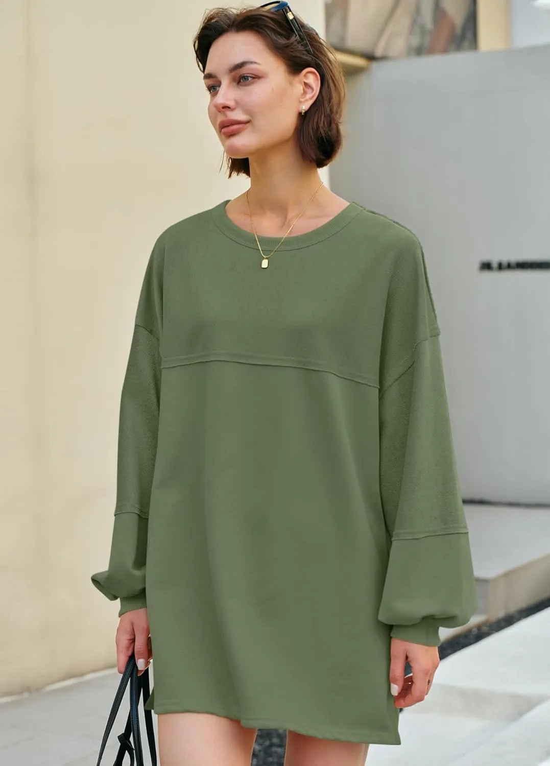 Panadila Womens Oversized Long Sleeve Patchwork Sweatshirt Dress Crewneck Tunic Sweatshirts Fall Loose Pullover Top
