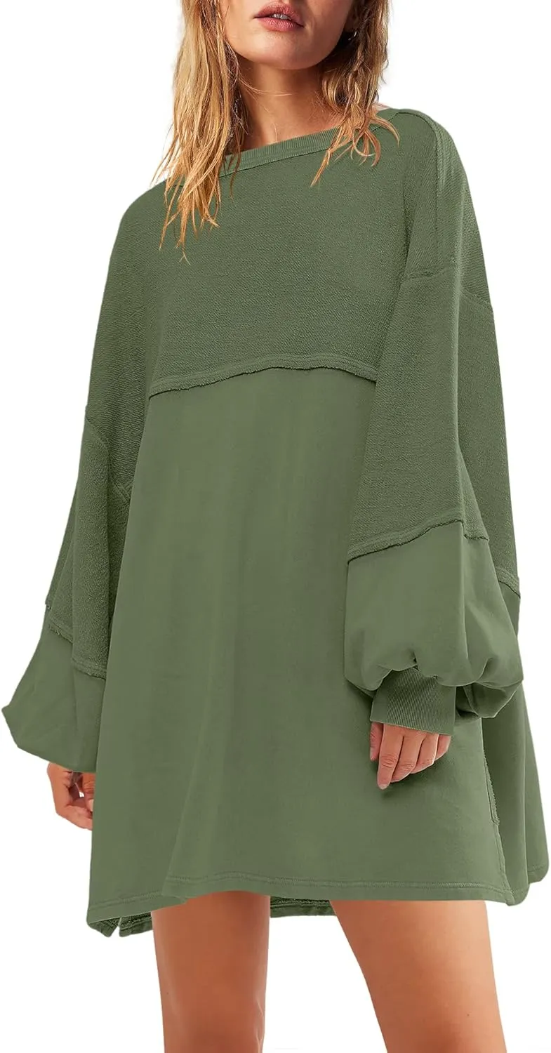 Panadila Womens Oversized Long Sleeve Patchwork Sweatshirt Dress Crewneck Tunic Sweatshirts Fall Loose Pullover Top
