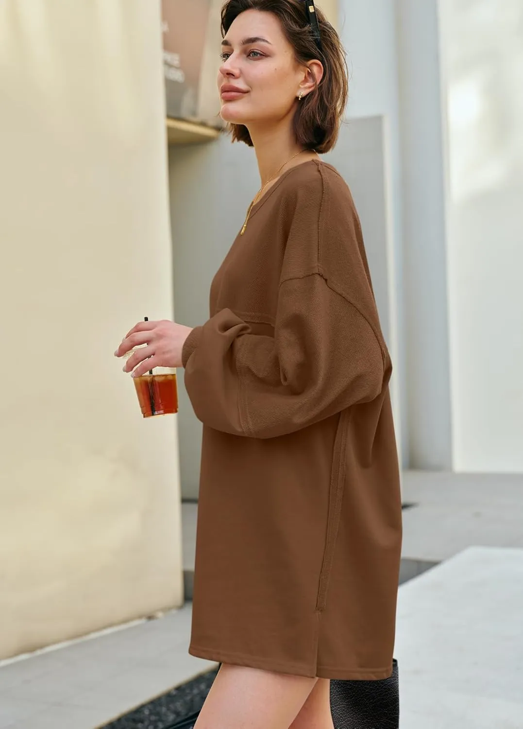 Panadila Womens Oversized Long Sleeve Patchwork Sweatshirt Dress Crewneck Tunic Sweatshirts Fall Loose Pullover Top