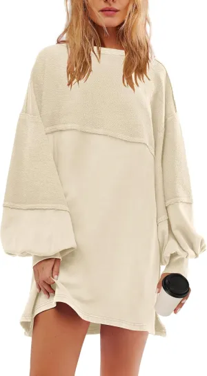 Panadila Womens Oversized Long Sleeve Patchwork Sweatshirt Dress Crewneck Tunic Sweatshirts Fall Loose Pullover Top