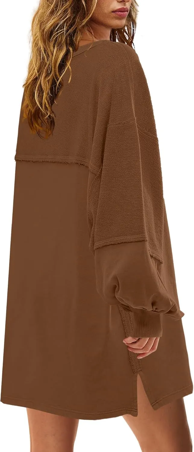 Panadila Womens Oversized Long Sleeve Patchwork Sweatshirt Dress Crewneck Tunic Sweatshirts Fall Loose Pullover Top