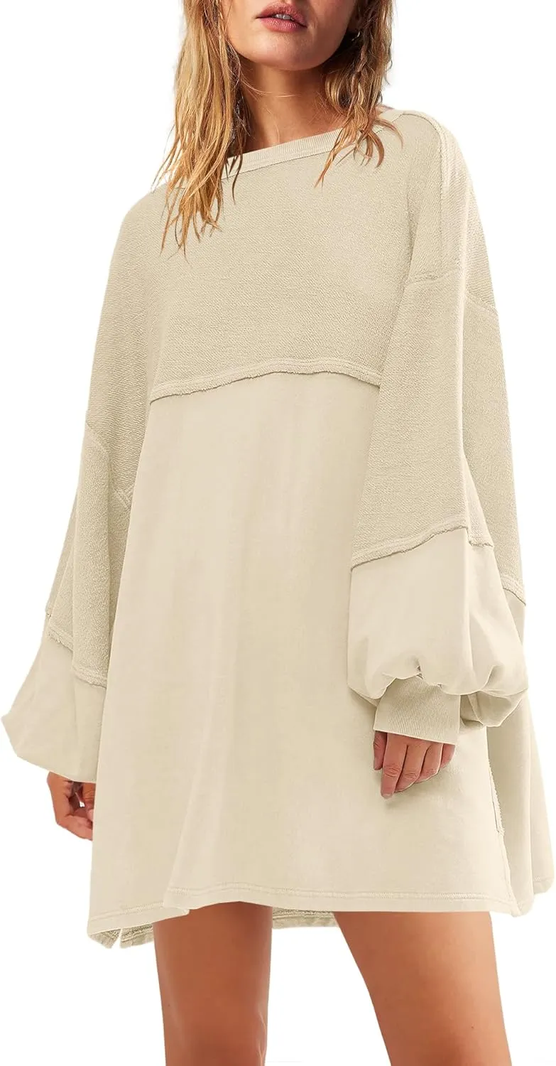 Panadila Womens Oversized Long Sleeve Patchwork Sweatshirt Dress Crewneck Tunic Sweatshirts Fall Loose Pullover Top