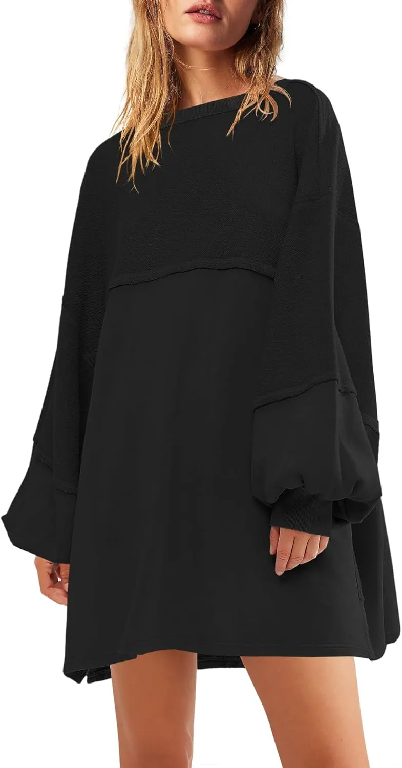 Panadila Womens Oversized Long Sleeve Patchwork Sweatshirt Dress Crewneck Tunic Sweatshirts Fall Loose Pullover Top