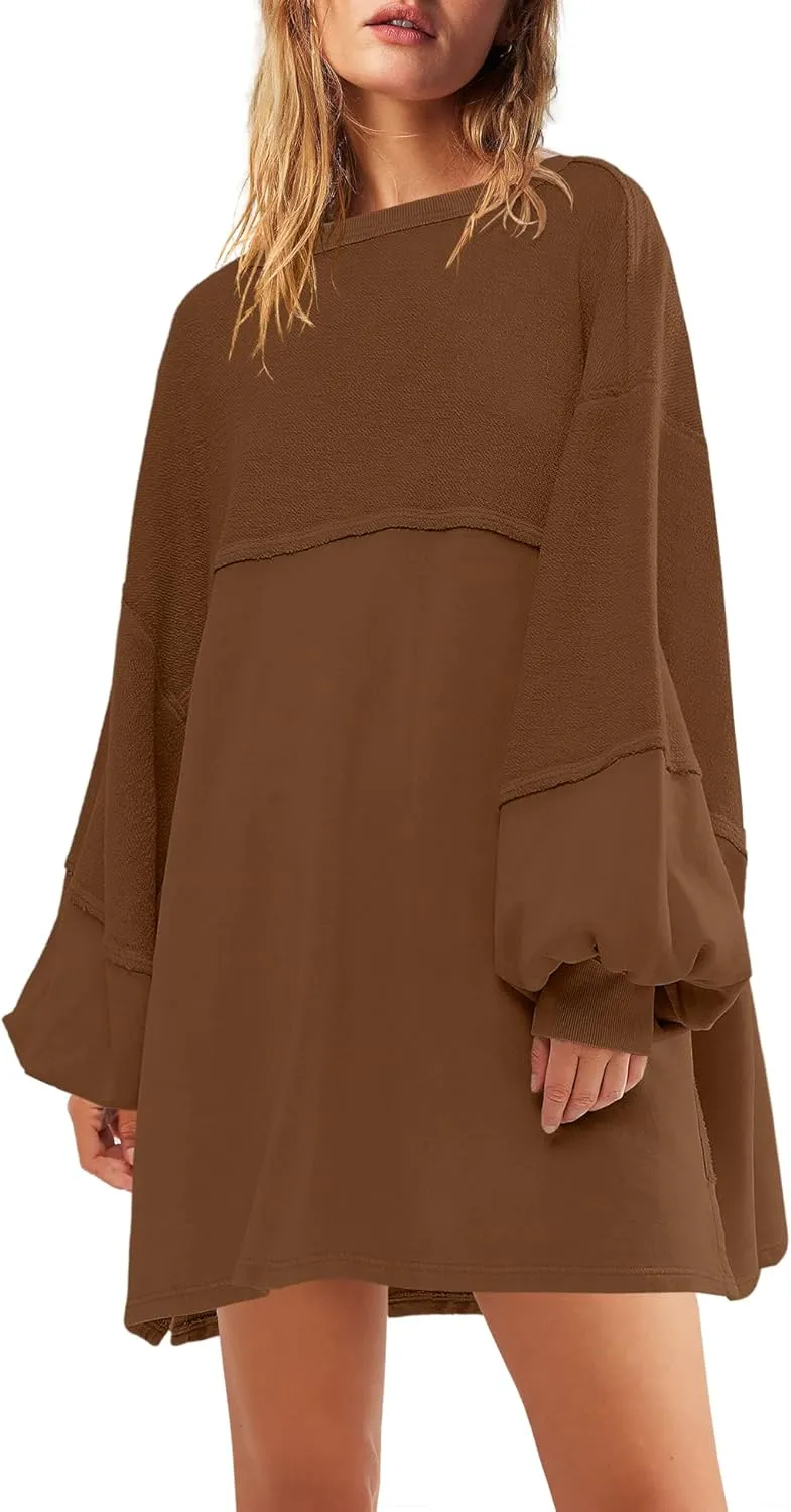 Panadila Womens Oversized Long Sleeve Patchwork Sweatshirt Dress Crewneck Tunic Sweatshirts Fall Loose Pullover Top