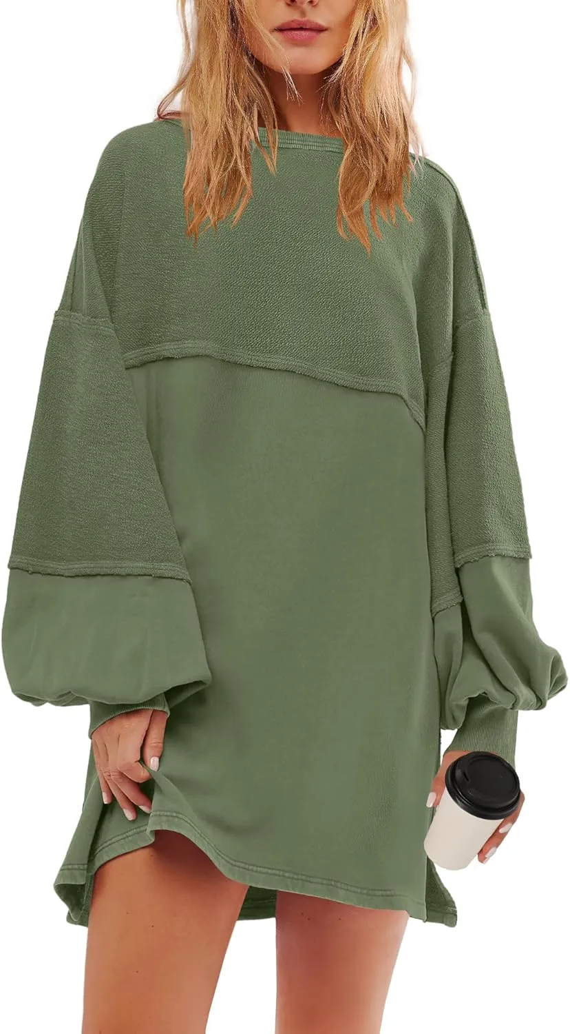 Panadila Womens Oversized Long Sleeve Patchwork Sweatshirt Dress Crewneck Tunic Sweatshirts Fall Loose Pullover Top