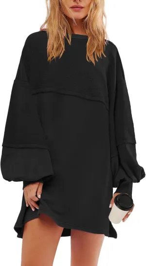 Panadila Womens Oversized Long Sleeve Patchwork Sweatshirt Dress Crewneck Tunic Sweatshirts Fall Loose Pullover Top