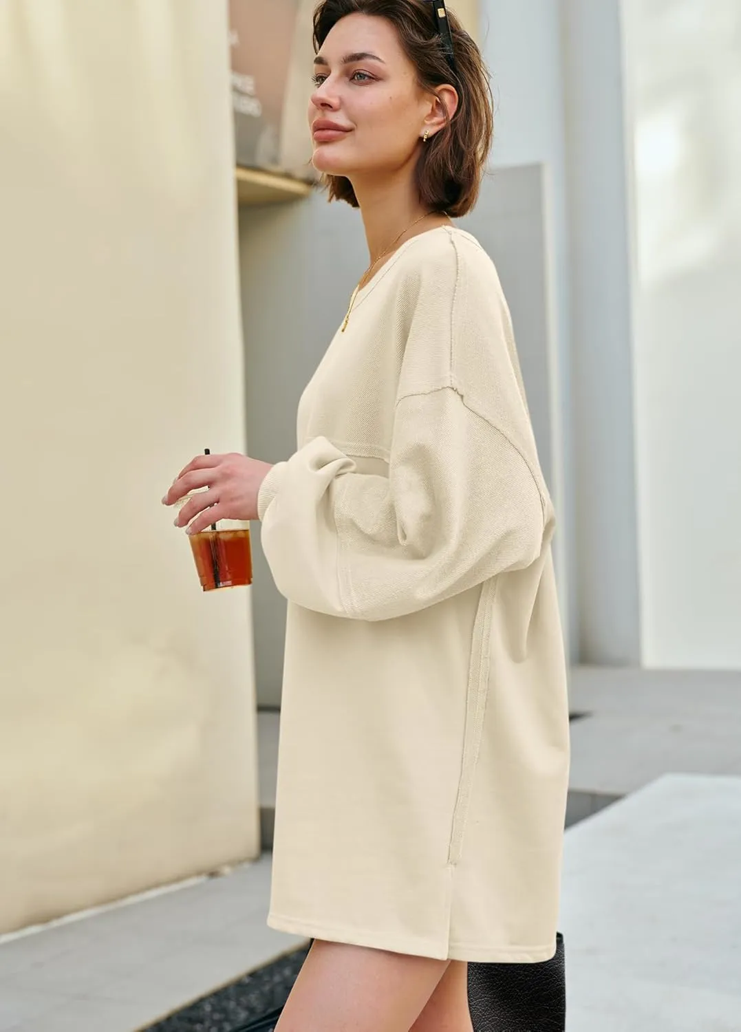 Panadila Womens Oversized Long Sleeve Patchwork Sweatshirt Dress Crewneck Tunic Sweatshirts Fall Loose Pullover Top