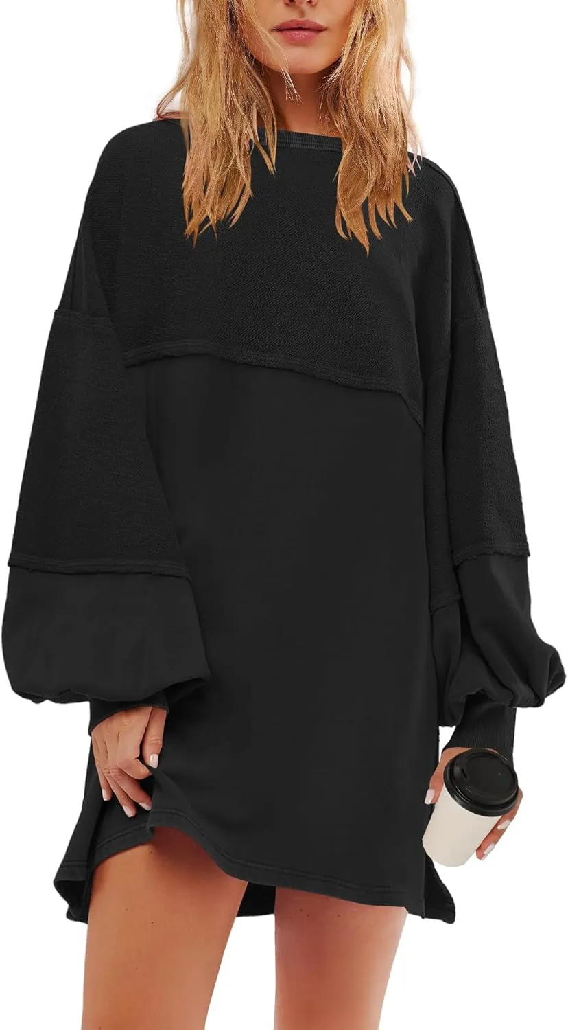 Panadila Womens Oversized Long Sleeve Patchwork Sweatshirt Dress Crewneck Tunic Sweatshirts Fall Loose Pullover Top