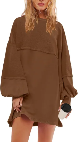 Panadila Womens Oversized Long Sleeve Patchwork Sweatshirt Dress Crewneck Tunic Sweatshirts Fall Loose Pullover Top