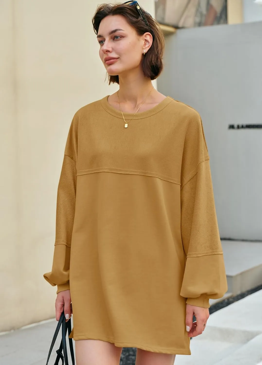 Panadila Womens Oversized Long Sleeve Patchwork Sweatshirt Dress Crewneck Tunic Sweatshirts Fall Loose Pullover Top