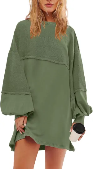 Panadila Womens Oversized Long Sleeve Patchwork Sweatshirt Dress Crewneck Tunic Sweatshirts Fall Loose Pullover Top