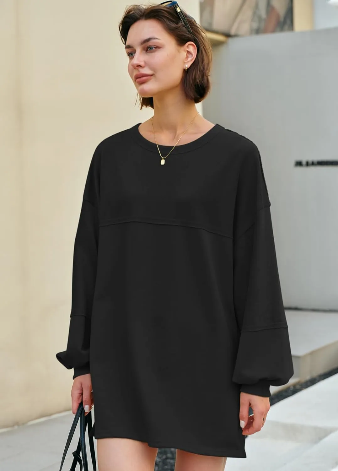 Panadila Womens Oversized Long Sleeve Patchwork Sweatshirt Dress Crewneck Tunic Sweatshirts Fall Loose Pullover Top