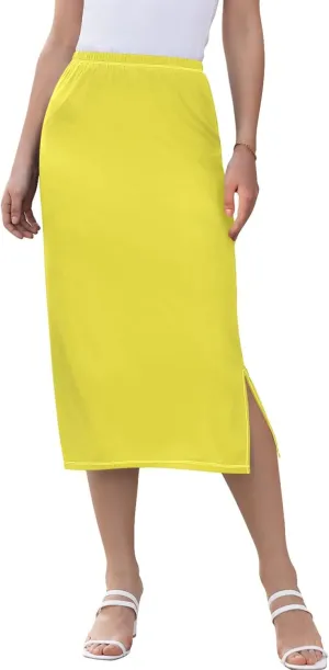 Peach Puff Side Slit Midi Skirt Womens Cute Pencil Skirt High Waist Stretch Ladies Skirts