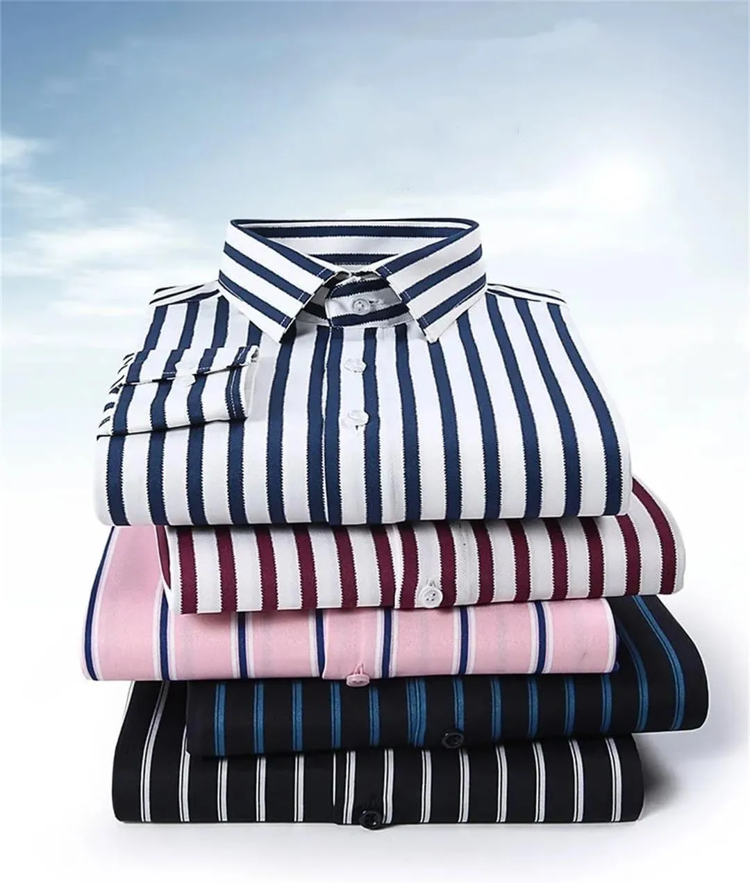 Pegsmio Men Dress Shirt Long Sleeve Striped Business Office Shirt Slim Fit Streetwear