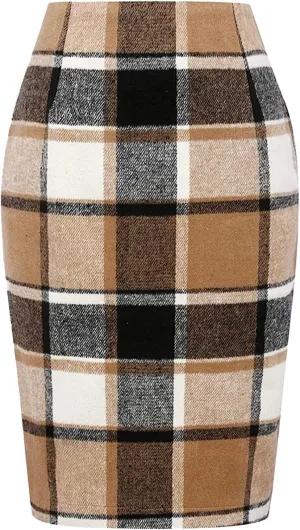 Pencil Skirt for Women Tummy Control with Slit Back Zipper Business Slim Trendy Plaid Stretchy Short Pencil Midi Skirt