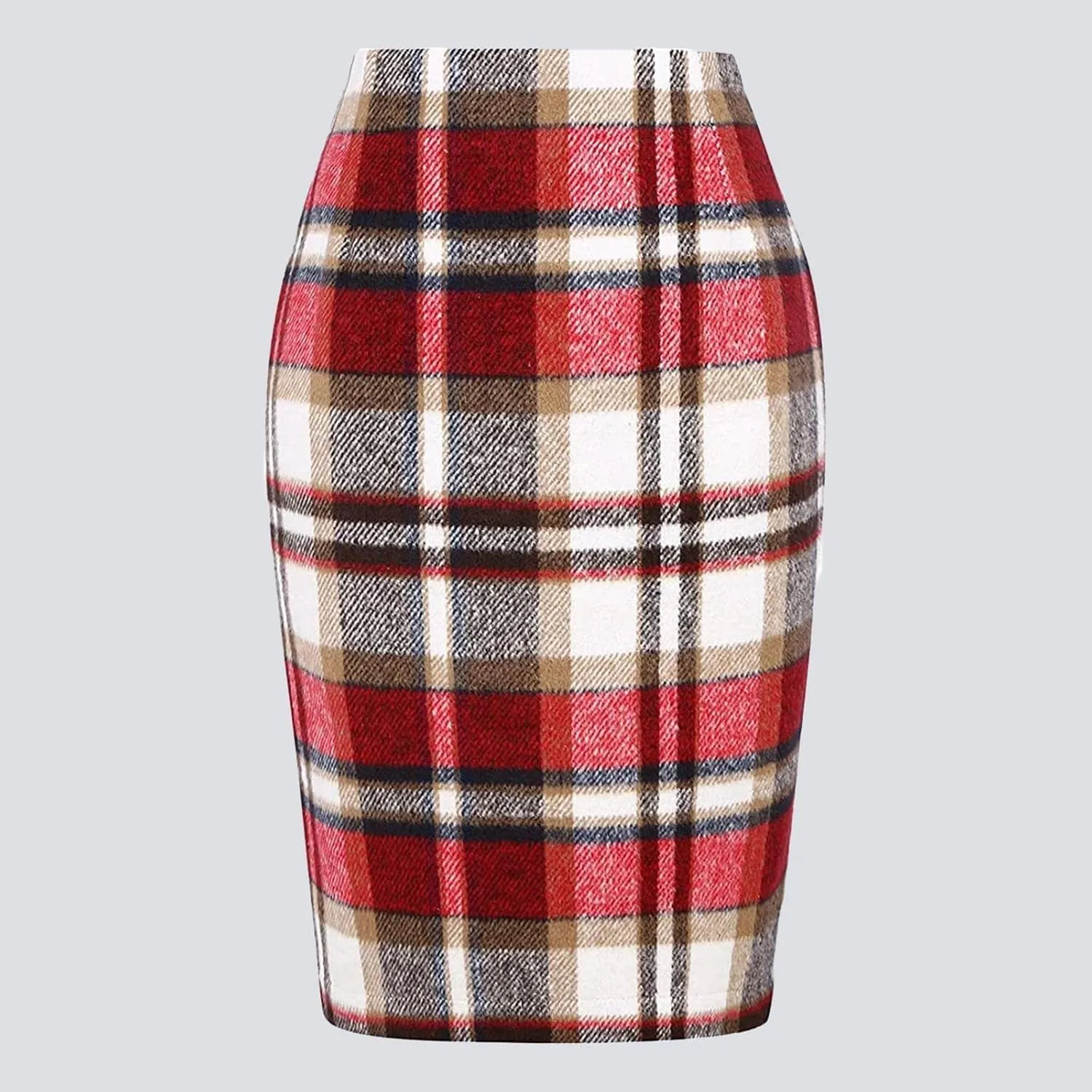 Pencil Skirt for Women Tummy Control with Slit Back Zipper Business Slim Trendy Plaid Stretchy Short Pencil Midi Skirt