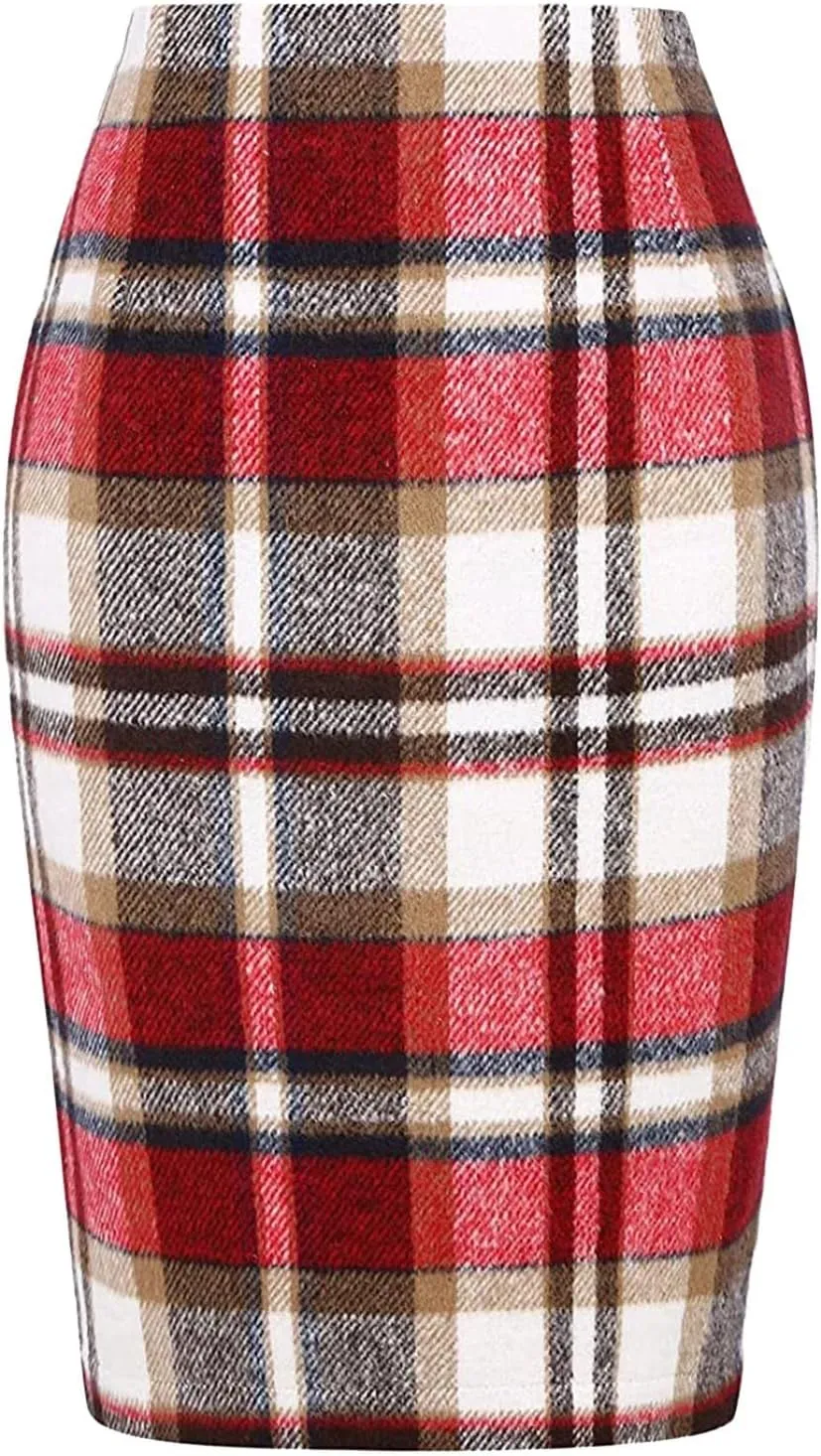 Pencil Skirt for Women Tummy Control with Slit Back Zipper Business Slim Trendy Plaid Stretchy Short Pencil Midi Skirt