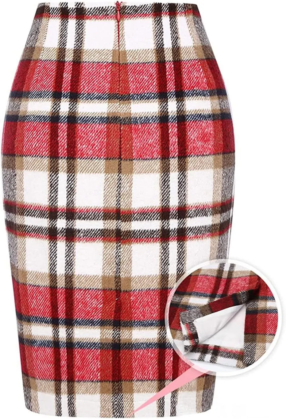 Pencil Skirt for Women Tummy Control with Slit Back Zipper Business Slim Trendy Plaid Stretchy Short Pencil Midi Skirt